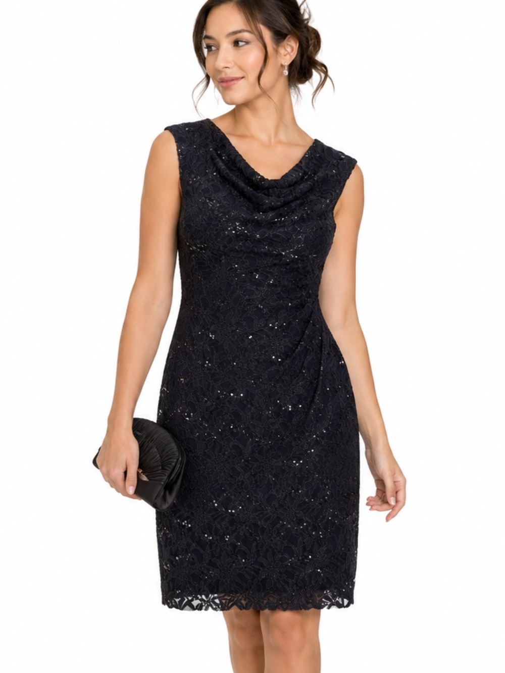 Ralph Lauren Black Sequined Lace Sheer Cowl Neck Cocktail Sheath Dress Sz 12